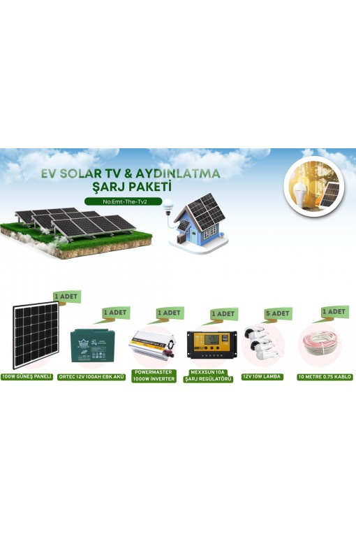 Ev Solar TV & Aydınlatma Şarj Paketi | Güneş Enerjili Elektrik Sistemi Tv2 Ev Solar TV & Aydınlatma Şarj Paketi | Güneş Enerjili Elektrik Sistemi Tv2